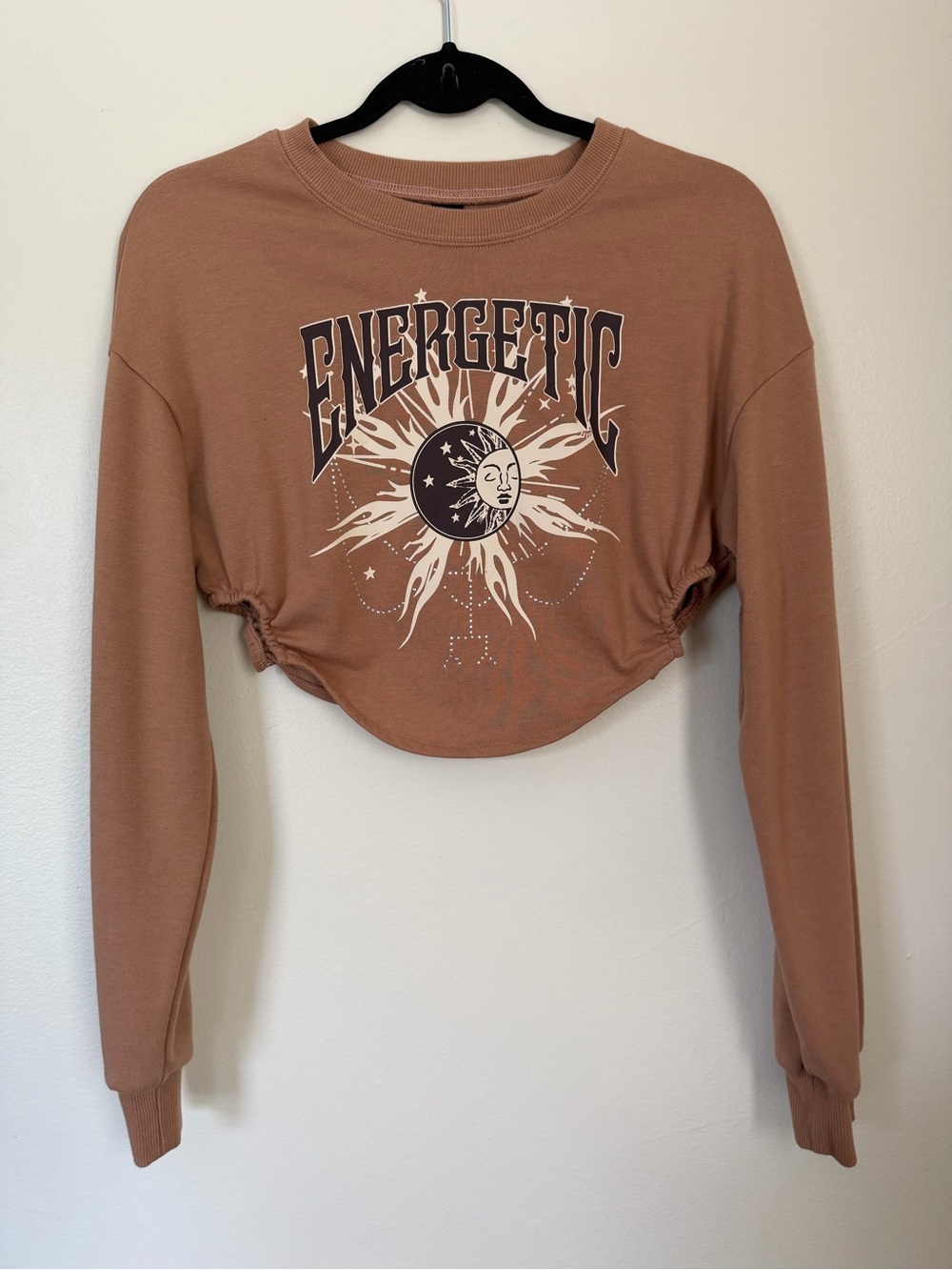SHEIN Brown Rhinestone "Energetic" Cropped Long-Sleeve Sweatshirt M